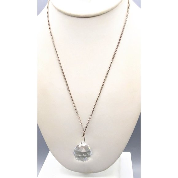Vintage Faceted Crystal Pendant Necklace, Disco Ball on Silver Tone Chain - Picture 3 of 4